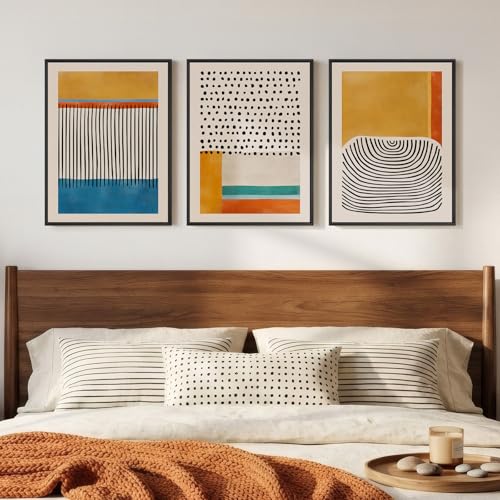 Framed Abstract Mid Century Modern Wall Art Bedroom, 3 Piece Colorful Bright Blue Yellow Canvas Artwork for Walls, Modern Paintings Prints Pictures for Living Room Hallway Kitchen Wall Decor, 12x16 In - color: Boho-Mid-Century, size: 12" W x 16" H x 3Pcs