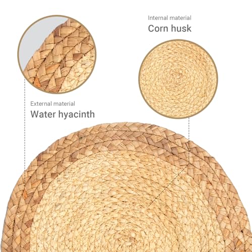 Boho Table Runner & 6-Piece Woven Placemats Set - Natural Cotton Burlap & Water Straw Combination, Bohemian Dining Decor for Kitchen & Parties