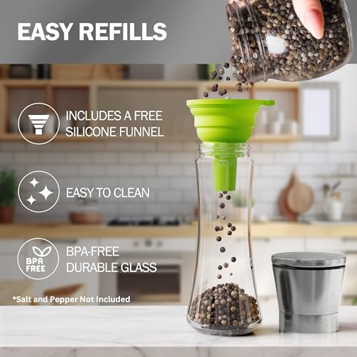 Home EC Original Stainless Steel Sea Salt and Pepper Grinder Set of 4 - Adjustable Ceramic - Tall Glass Salt and Pepper Shakers Mills - Modern Kitchen Spice Mill W/Funnel & EBook - color: Clear Glass, size: 4pk