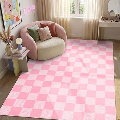 GarveeHome Checkered Pink 4x6 Washable Girls Rug Low-Pile Nursery Bedroom | Pink and White Area Rug for Living Room Girl Room Classroom Non-Slip Soft Stain Resistant Geometric Rugs TPE Backing - color: Blush Pink, size: 4' x 6' (Rectangular)