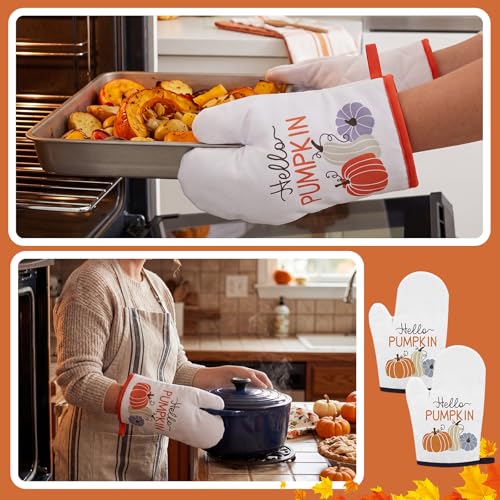 Frienda 6 Pcs Fall Pumpkin Oven Mitts Set for Farmhouse Thanksgiving | Oven Mitts Pot Holders Dish Towels Hello Pumpkin Orange Autumn Kitchen Gift Fall Decor for Farmhouse Autumn Harvest Baking - style: Fall