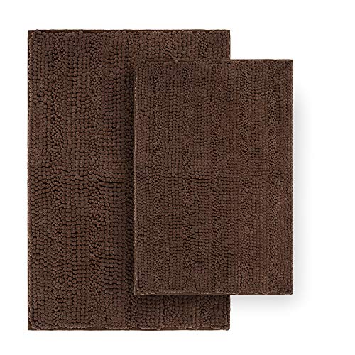 Striped Chenille Bathroom Rugs and Mats Sets, Ultra Soft Chenille Microfiber, Absorbent Non-Slip Machine Washable Bath Rugs, Bath Mat for Bathroom, Shower Mat, Tub, 20"x32" & 18"x24", Brown - color: Mocha Brown, size: Set of 2 - 20" x 32" + 18" x 24"
