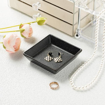 Ceramic Trinket Dish, Small Jewelry Ring Tray for Keys, Black | Glazed ceramic jewelry tray. Stores rings, earrings, necklaces, bracelets. Easy to clean. Perfect for vanity and entryway. - color: Black Surface