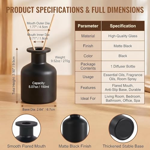 5 Ounce Empty Glass Diffuser Bottles, Cylindrical Glass Essential Oils Diffuser Bottles, Aromatherapy Jar, Matt Black