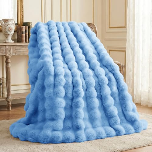 L'AGRATY Faux Rabbit Fur Throw Blanket for Couch, 90'' x 90'', Airy Blue | Soft Cozy Bubble Fluffy Blanket for Sofa Bed, Thick Warm Plush Fuzzy Throw for Room Home Decor, Luxury Gift for Women Mom - color: Airy Blue, size: 90" x 90"