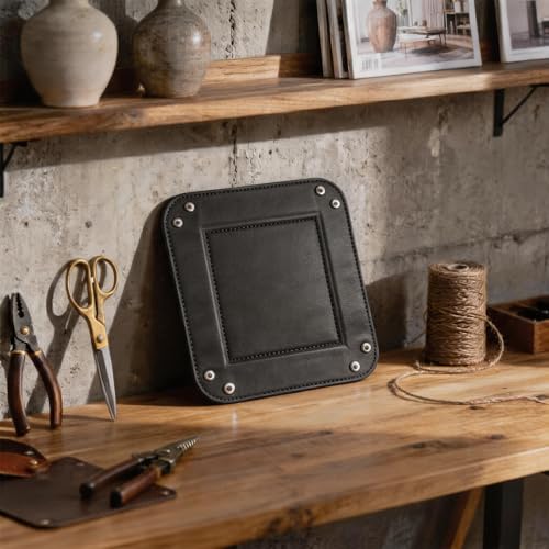 Valet Tray Desktop Storage Organizer – Vegan Leather Catchall Tray Bedside Vanity Tray Nightstand Caddy Holder for Remote Controller, Watch, Keys, Phone, Wallet, Coin, Jewelry, Black - color: Black