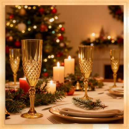 12 Pack Plastic Champagne Flutes, Amber Reusable Champagne Glass | Unbreakable Hard Plastic Mimosa Cups Bulk with Stem, Fancy Stemware for Wedding, Party & NYE Celebration - color: Amber