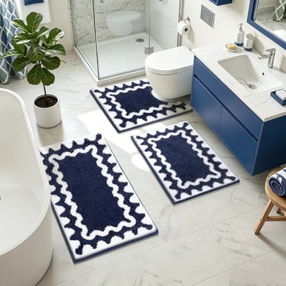 Findosom Bathroom Rugs Sets 5 Piece, Absorbent Soft Non-Slip Bath Rug Set | Washable Microfiber Shaggy Bath Mat Set with Bathroom Runner Rug, U-Shaped Toilet Rugs, Shower Rug & Toilet Lid Cover, Navy - color: Navy & White, size: 18"x26"+20"x32"+20"x48"+U