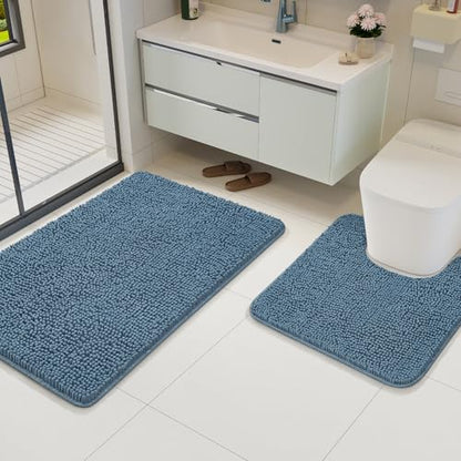 Bathroom Rug Sets 2 Piece, 20"x20" U-Shaped & 21"×34", Denim Blue | Toilet Mat Non Slip Bath Mats Floor Set, Washable Bath Rug Set, Absorbent Soft Bathroom Rug - color: Denim Blue