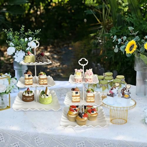 2 Pack of White Square Dessert Cupcake Stand, 3 Tiered Plastic Serving Tray | 3 Tier Cup Cake Holder Tower for Tea Party/Birthday/Wedding - color: White