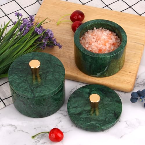 Marble Salt Cellar with Lid, Blackish Green, 4 inch | Natural Stone, Salt Pepper Box, Gold Alloy Handle, Kitchen Countertop Storage, Multi-Use, Sugar Spice Seasoning Container - color: Blackish Green