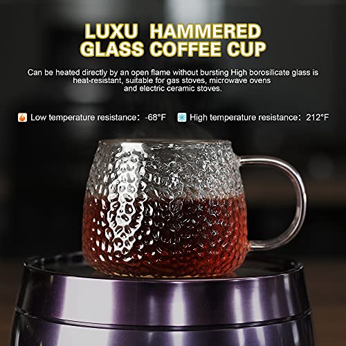 LUXU Hammered Tea Cups,Glass Coffee Mugs,15 oz,Set of 6 | Different Color Handles,Prefect for Cappuccino,Latte,Water,Mocha,Milk,Widely Used for Cafes,Home and Office ﻿ - style: 15 oz Hammered tea cups