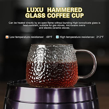 LUXU Hammered Tea Cups,Glass Coffee Mugs,15 oz,Set of 6 | Different Color Handles,Prefect for Cappuccino,Latte,Water,Mocha,Milk,Widely Used for Cafes,Home and Office ﻿ - style: 15 oz Hammered tea cups