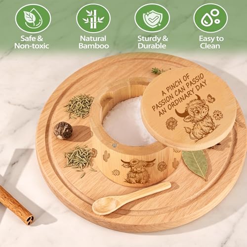 Bamboo Salt Cellar With Swivel Lid Highland Cow Salt Container Built-In Spoon And Magnetic Clasp Ideal For Salt, Sea Salt, Pepper, Sugar And Spices