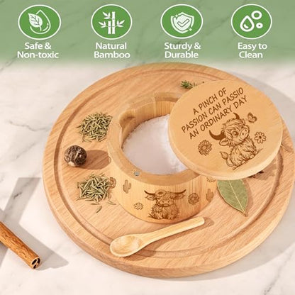Bamboo Salt Cellar With Swivel Lid Highland Cow Salt Container Built-In Spoon And Magnetic Clasp Ideal For Salt, Sea Salt, Pepper, Sugar And Spices