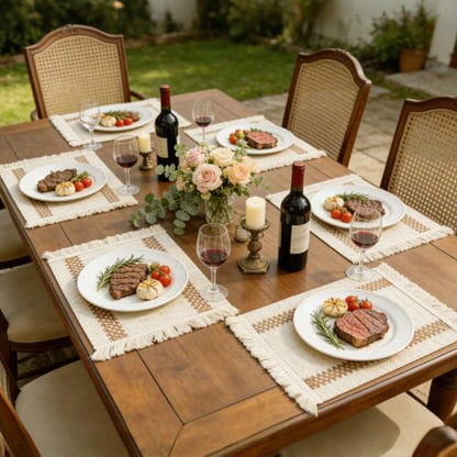 Boho Table Runner & 6-Piece Woven Placemats Set - Natural Cotton Burlap & Water Straw Combination, Bohemian Dining Decor for Kitchen & Parties