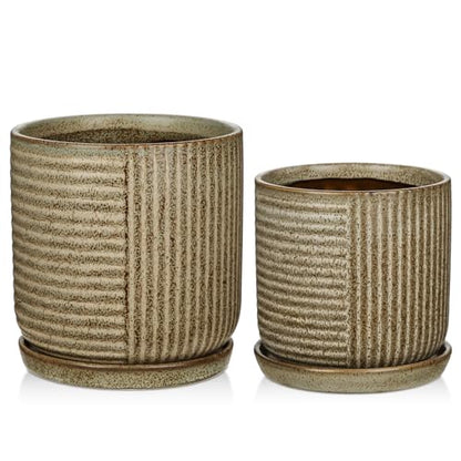 Oairse Ceramic Pots for Indoor Plants, 6.1 +4.9 inch Pots for Plants Set of 2 Brown Plant Pots with Drainage Holes and Saucers Texture Ceramic Planters Indoor Outdoor Flower Pot for Succulent - style: Round Shaped