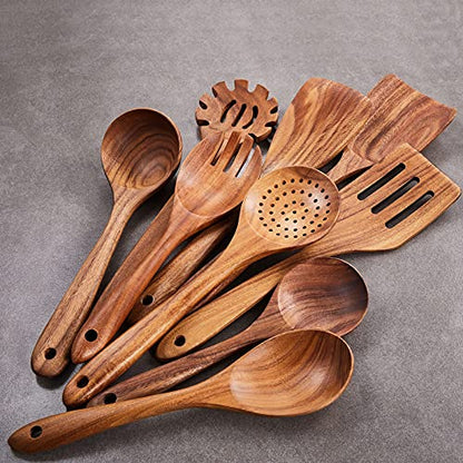 Wooden Kitchen Utensils Set,GUDAMAYE 9 PCE Natural Teak Wooden Spoons For Non-stick Pan for Cooking, - size: 9 PCS