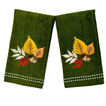 Autumn Fall Bath Fingertip Towels, Forest Olive Dark Green, 100% Cotton, Embroidered Fall Foliage Leaf Design, 2 Piece Set, 12" x 18" - color: Fall Foilage