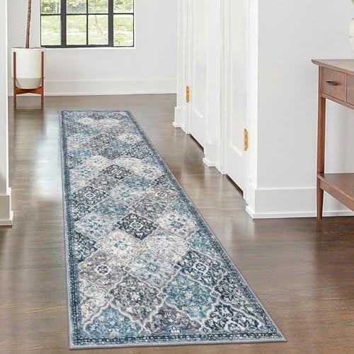 KILOCOCO 2x7 Washable Runner Rug, Nonslip Soft Area Rug for Hallway Kitchen | Moroccan Trellis Spill & Stain Resistant Low Pile Carpet for Entryway Office Laundry Bedroom, Easy Clean - color: Blue/Multi, size: 2' x 7' (Runner)