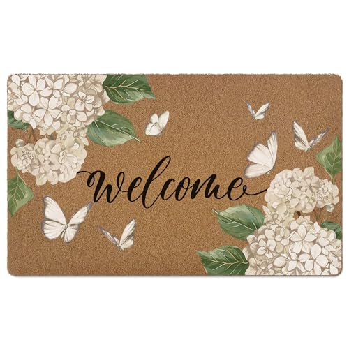 Hydrangea Floral Welcome Door Mat, Summer White Hydrangea Butterfly Artificial Coir Front Door Mat Indoor Outdoor Entrance, Cute Farmhouse Doormat Rug for Porch Entryway Patio Decor,17X30 Inch - color: White Hydrangea