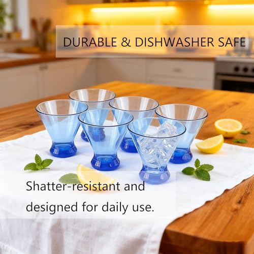 Set of 6 Stemless Martini Acrylic Glasses 9 oz, Heavy Base Stable Cocktail/Juice/Red Wine Glasses,Plastic Drinking Tumbler, Fits Ice Cream/Milkshakes,Ideal for Home Party(Blue) - color: Blue