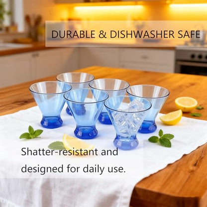 Set of 6 Stemless Martini Acrylic Glasses 9 oz, Heavy Base Stable Cocktail/Juice/Red Wine Glasses,Plastic Drinking Tumbler, Fits Ice Cream/Milkshakes,Ideal for Home Party(Blue) - color: Blue