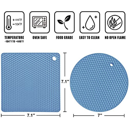 Walfos Silicone Trivet Mats - 4 Heat Resistant Pot Holders, Multipurpose Non-Slip Hot Pads for Kitchen Potholders, Hot Dishers, Jar Opener, Spoon Holder, Food Grade Silicone & BPA Free (Nordic Blue) - style: 7.1+7in, 4 Nordic Blue Round + Rectangle