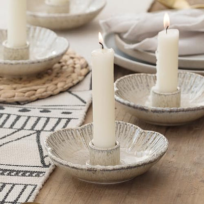 Ceramic Taper Candle Holder, Candlestick Holder with Tray Base | Stable round tray base helps hold taper candles securely while the polished ceramic finish adds a clean decorative look. - color: Camel