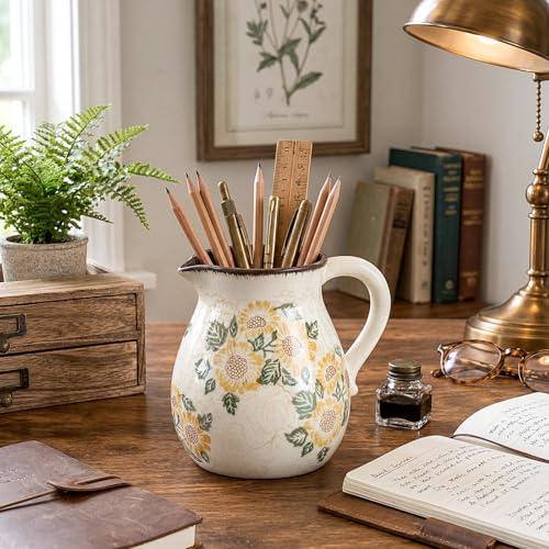 Retro Rustic Ceramic Utensil Holder 6.1" Modern Farmhouse Utensil Crock with Handle Kitchen Organizer for Countertop Home Decoration Housewarming Gift(Sunflower) - style: Sunflower