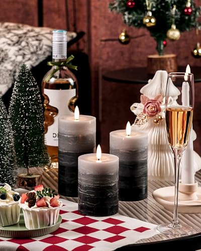 Stmarry Distressed Gradient Gray Flameless Candles with Remote and Timer, Real Wax Made LED Pillar Candles Battery Operated with 3D Flickering Flame - 3" x 4",5",6" - Set of 3 - color: Gradient Gray