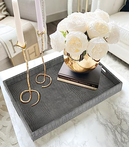 HofferRuffer Rectangle Serving Tray with Hole Handles for Coffee Table, Breakfast, Tea, Food, Butler - Countertop, Kitchen, Vanity Serve Tray, 16.2 x 12.2 x 2 inches, Faux Leather Tray (Dark Grey) - color: Dark Grey