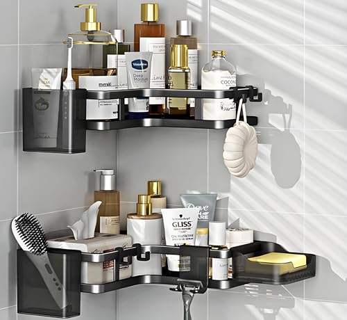Adhesive Corner Shower Caddy Hanging - 6 Pack Rustproof Stainless Steel Corner Shelves Large Capacity Shower Organizer, Shower Caddy With Bathroom Accessories (BLACK)