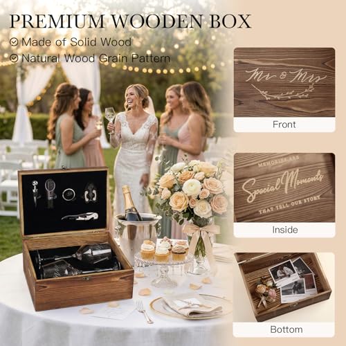 Wedding/Anniversary/Engagement/Bridal Shower and Bachelorette Gifts for Couples,Bride & Newlywed, Engraved Mr and Mrs Wine Glasses with 5-Piece Wine Accessory Kit - style: Mr & Mrs + Box