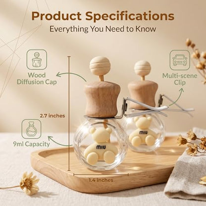2 Pack Bear Car Vent Clip Diffuser Refillable Glass Bottle | Wood cap glass bottle with dropper, DIY essential oil freshener for car wardrobe bathroom home - size: Bear-A3 - 2PCS