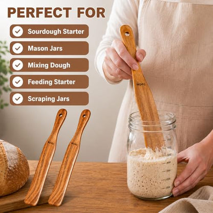 2 Pack Wooden Spurtle for Sourdough Starter, Mixing, Reaching Bottom of Jar, Dough Whisk, Long Handle Jar Spatula, Spurtles Kitchen Tools Teak Wood Kitchen Utensils kit for Baking, Cooking - size: Spurtles