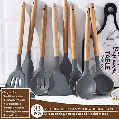 Umite Chef Kitchen Cooking Utensils Set, 33 pcs Non-stick Silicone Spatula Set with Holder, Woodle Handle Heat Resistant Gadgets Utensil (Gray) - color: Gray