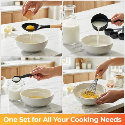 33Pcs Kitchen Utensils Set Silicone Cooking Utensils Set with Wooden Handle | Heat-Resistant, Dishwasher Safe, BPA-Free Silicone Kitchen Utensil Set with Wooden Handles & Holder for Nonstick Cookware - color: Black
