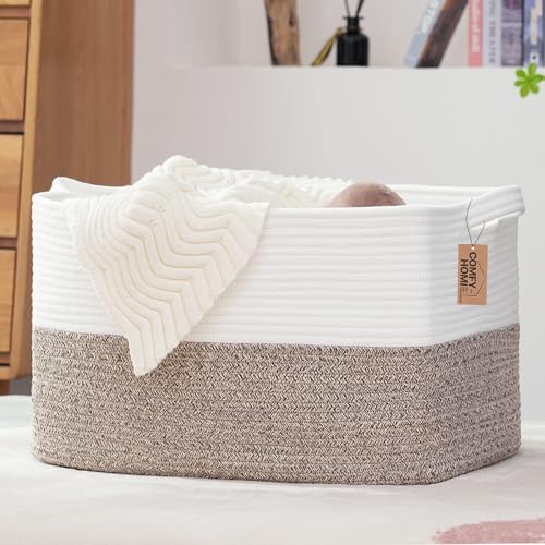 COMFY-HOMI Large Rectangular Blanket, Cotton Rope Woven for Storage, LaundryHamper, Storage,Toy Organizing Bin with Handle, Organizer and Storage-22x15x12- - color: White/Brown, size: 22''x15''x12''