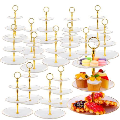 Teenyyou 16 Pack 3 Tier Cupcake Stand Bulk Tiered Dessert Stand Thick Plastic Serving Tray with Gold Edges Dessert Table Display Set Tea Cake Holder for Wedding Birthday Party (White) - color: White