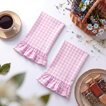 HunnmingRe Hot Pink Kitchen Towels Set of 2, 100% Cotton Ruffled Gingham Dish Towels 18"x28" Absorbent Tea Cloths Classic Plaid Pattern for Farmhouse Charm, Drying Dishes, Entertaining Guests - color: Hot Pink, style: Gingham