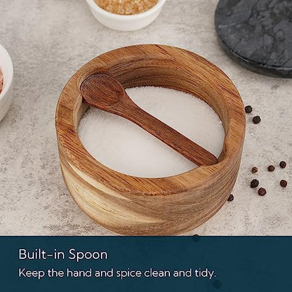 KITCHENDAO Large Acacia Salt Cellar Box Bowl with Built-in Spoon and Marble Lid, Solid Natural Acacia Wood Bath Sea Salt Container, Black Marble Lid, Pepper Sealer Pinch Bowl, 10oz Capacity - color: Black