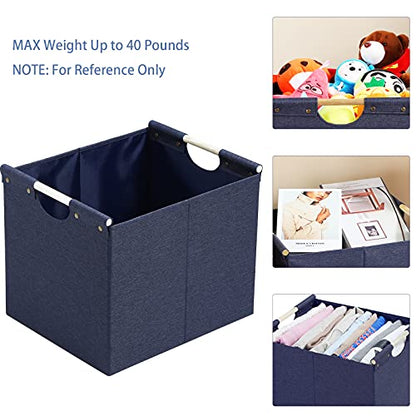 HOONEX Large Foldable Storage Bins, Linen Fabric, Pack of 2, Storage Baskets with Wooden Carry Handles and Sturdy Heavy Cardboard, for Home, Office, Car, Nursery, Blue - color: Blue