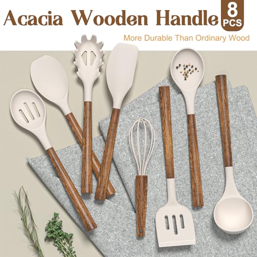 Silicone Cooking Utensil Set,Umite Chef 8-Piece Kitchen Utensils Set with Natural Acacia Wooden Handles, Silicone Kitchen Gadgets and Spatula Set for Nonstick Cookware - Khaki - color: Khaki