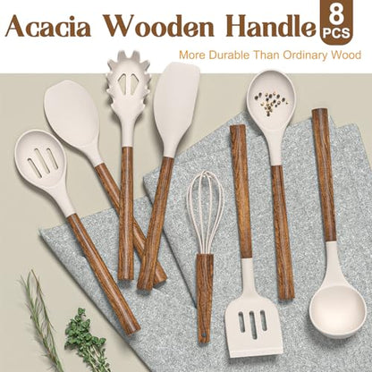 Silicone Cooking Utensil Set,Umite Chef 8-Piece Kitchen Utensils Set with Natural Acacia Wooden Handles, Silicone Kitchen Gadgets and Spatula Set for Nonstick Cookware - Khaki - color: Khaki