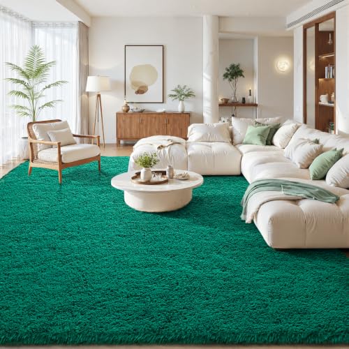 Zentavio Dark Green Area Rugs for Living Room Emerald Green Rugs for Bedroom 9x12 Fluffy Fake Grass Large Carpet for Kids Room Playroom Furry Shag Aesthetic Soft High Pile Washable Home Decor - color: Green, size: 9' x 12' (Rectangular)