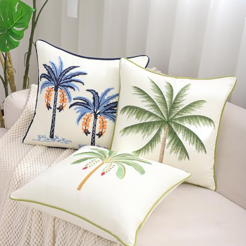 18x18 Palm Tree Embroidered Throw Pillow Covers Pack of 2 Green | Ocean-Themed,Durable Fabric,Square Pillow Cover,Boho Decorative,Hidden Zipper,Aesthetic Design,Ideal Gift,Machine Washable - color: Green Tropical Palm Tree