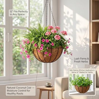 Kingbuy 12" Metal Hanging Basket for Herbs & Flowers – 6" Depth Rust-Resistant Wire with Coconut Liner & Adjustable Chains for Kitchen Window, Balcony & Garden - 1 Pack - size: 12 Inch, style: 1 Pack