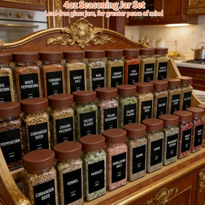 Spice Jars with Labels - 24 Glass Spice with Shaker Lids & Airtight Plastic Caps - 4oz Complete Seasoning Containers Organizer Set for Cabinet, Drawer & Rack (Brown) - color: Brown
