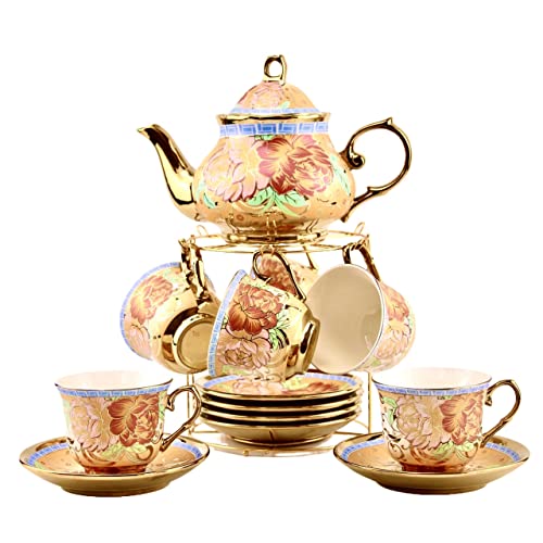 20 Pieces Porcelain Tea Set With Metal Holder, European Ceramic tea set for adults,Flower Tea Set,Tea Set For Women With Flower Painting (Large version, Deep yellow) - color: Deep yellow